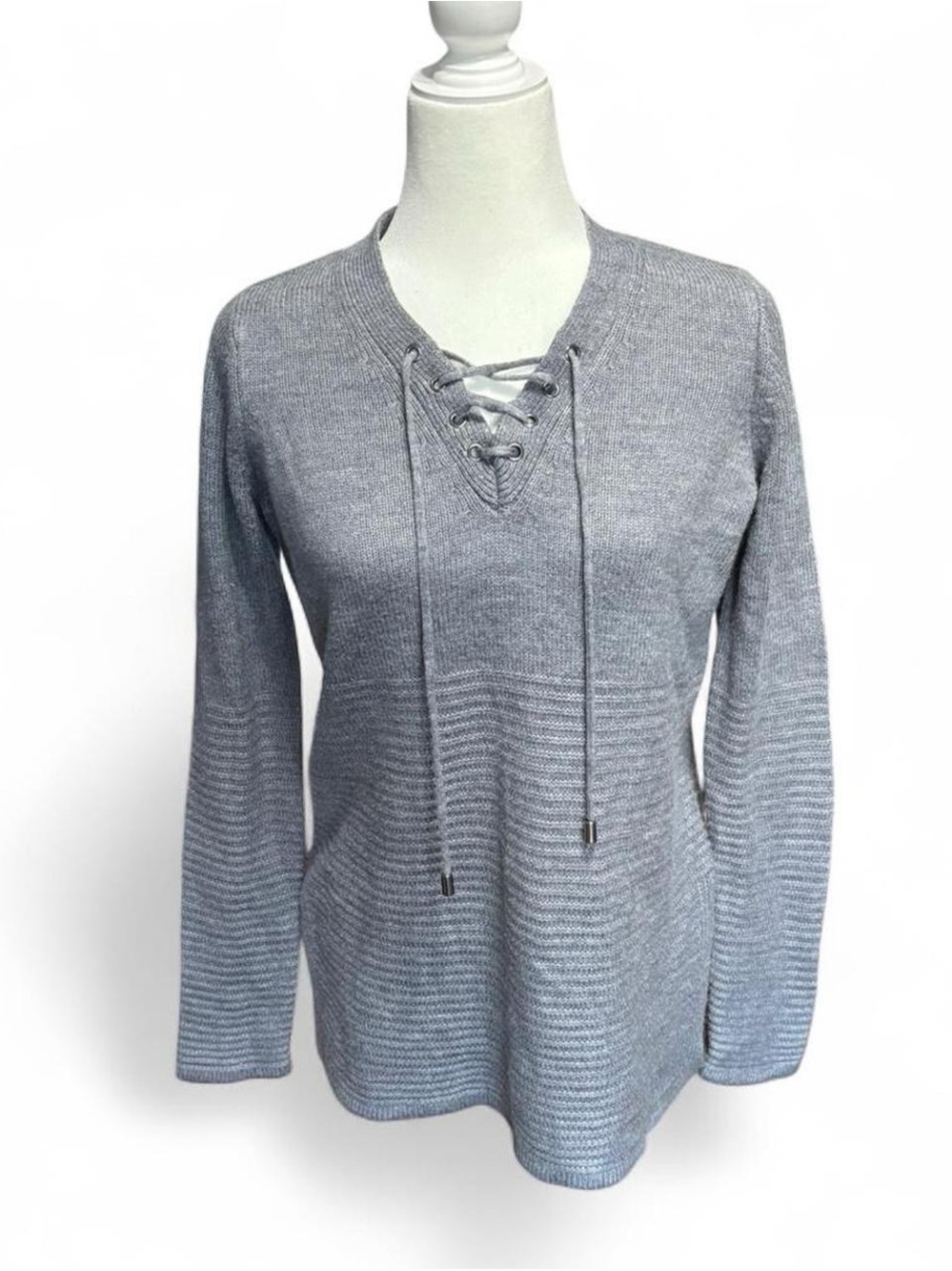 Lace-Up V-Neck Knit Sweater - Gray